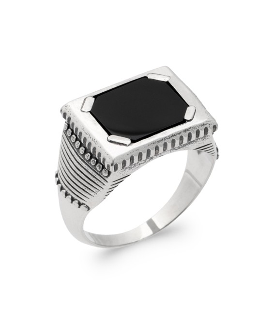 Grosse bague argent style chevalière rehaussée d'agate noire 