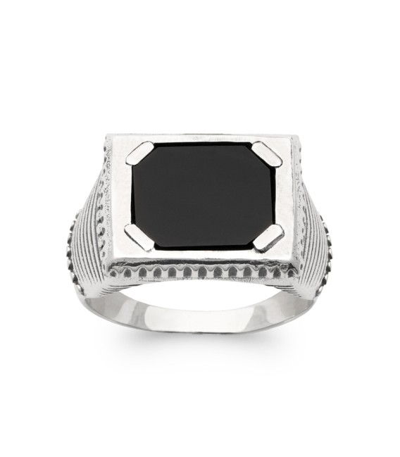 Grosse bague argent style chevalière rehaussée d'agate noire 